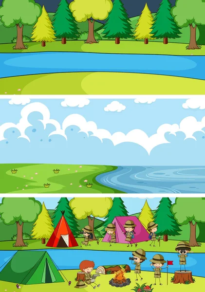 Set Different Horizon Scenes Background Doodle Kids Cartoon Character Illustration — Stock Vector