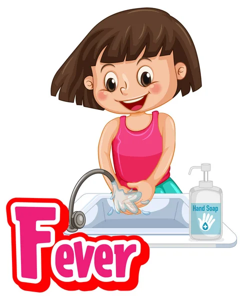 Fever Font Design Mit Einem Mädchen Beim Händewaschen Auf Weißem — Stockvektor