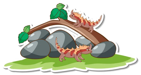 Thorny Dragon Lizards Standing Branch Sticker Illustration — Stock Vector