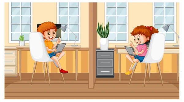 Enfants Penchés Ligne Avec Tablette Maison Illustration — Image vectorielle