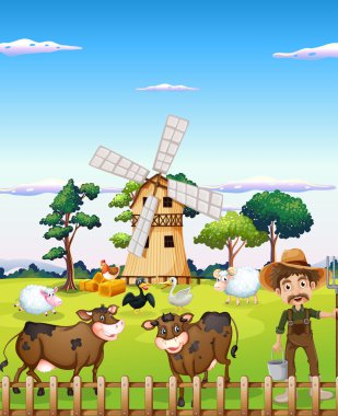 A farmer with the farm animals clipart