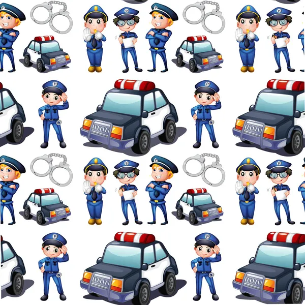 Seamless design with policemen and patrol cars — Stock Vector