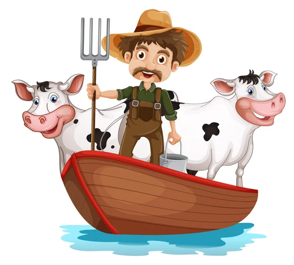 A boat with a man and two cows — Stock Vector