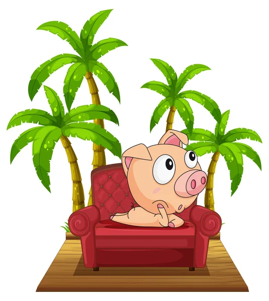 A pig sitting at the chair near the coconut trees — Stock Vector