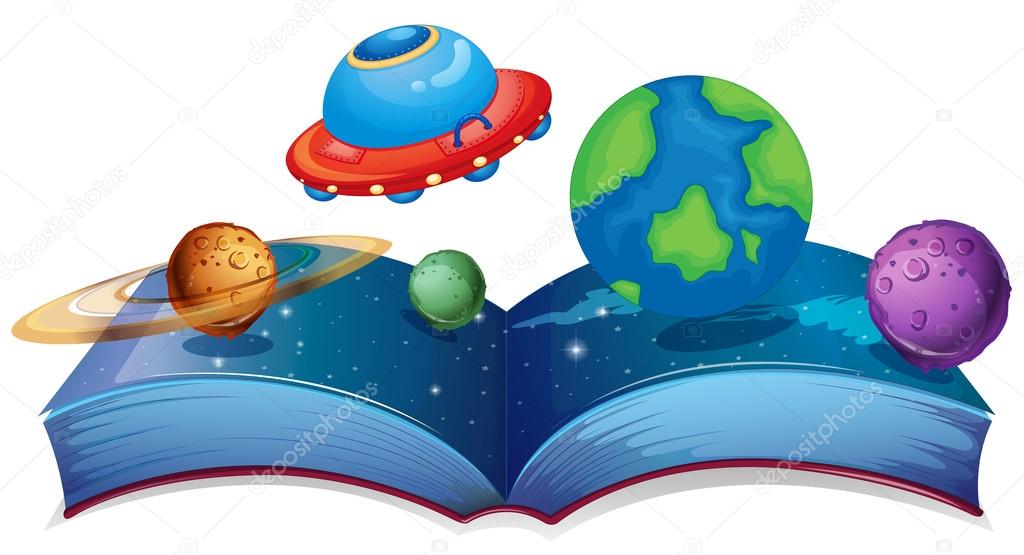 Book with planets and UFO
