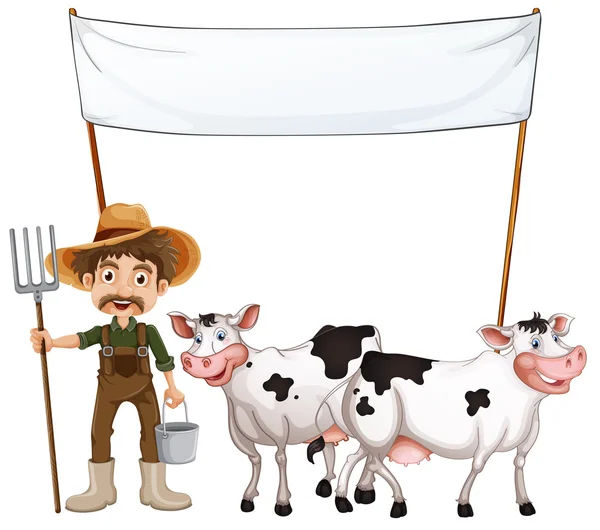 Ένας αγρότης και τις αγελάδες κοντά το άδειο banner — Διανυσματικό Αρχείο
