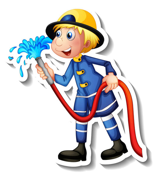 Sticker design with a fireman cartoon character illustration