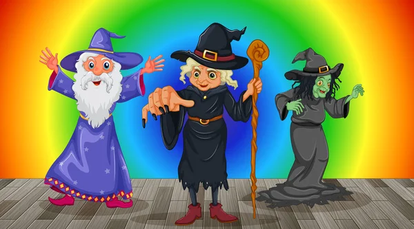 虹のグラデーションの背景イラストの魔女キャラクター — ストックベクタ