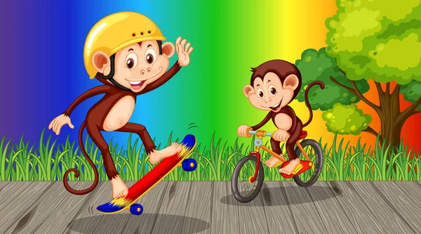 Monkeys Doing Different Activities Rainbow Gradient Background Illustration — Stock Vector