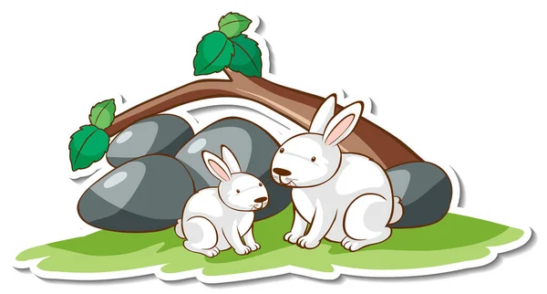 Dos Conejos Blancos Con Naturaleza Elemento Pegatina Ilustración — Vector de stock