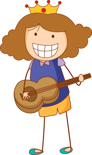 Een Doodle Kind Spelen Een Akoestische Gitaar Cartoon Karakter Geïsoleerde — Stockvector