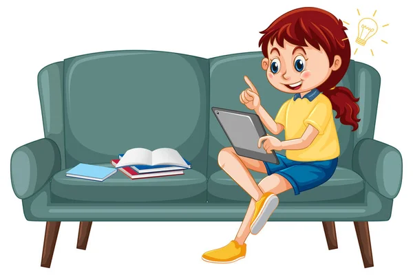 Mädchen Auf Couch Lernt Von Tablet Illustration — Stockvektor