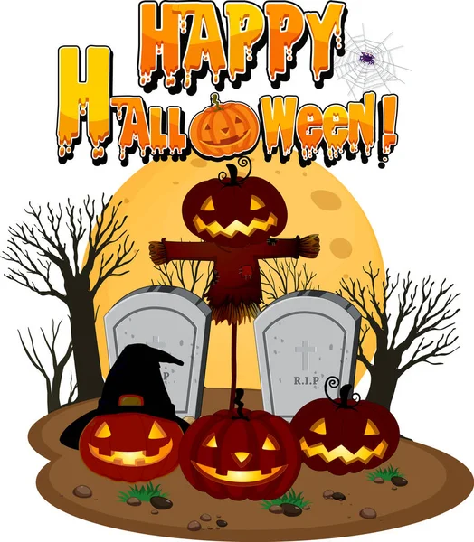 Glædelig Halloween Med Jack Lanterne Kirkegården Illustration – Stock-vektor