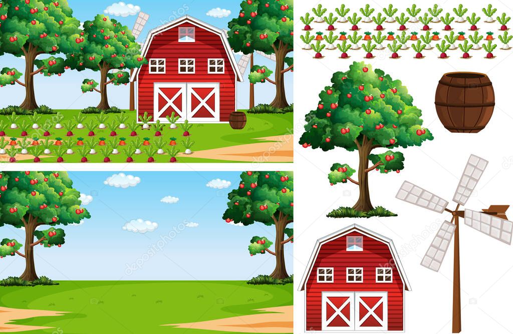 Farm element set isolated with farm scence illustration