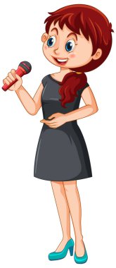 Mikrofon resimleriyle şarkı söyleyen genç bir kadın.