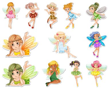 Üzerinde güzel periler ve çizgi film karakteri çizimleri olan çıkartmalar.