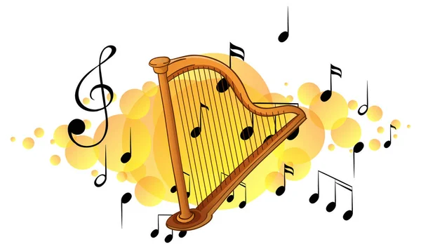 Harp Muziekinstrument Met Melodie Symbolen Gele Vlek Illustratie — Stockvector