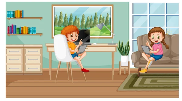 Niños Aprendiendo Desde Casa Con Ilustración Dispositivos Electrónicos — Vector de stock