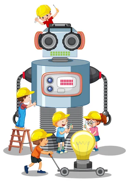 Niños Construyendo Robot Juntos Sobre Fondo Blanco Ilustración — Vector de stock