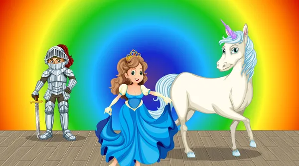 Principessa Cavaliere Personaggio Dei Cartoni Animati Gradiente Arcobaleno Sfondo Illustrazione — Vettoriale Stock