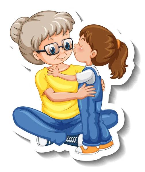 Eine Stickervorlage Mit Einer Alten Frau Und Ihrer Enkelin Stehender — Stockvektor