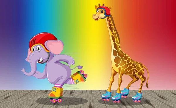 Jirafa Elefante Jugando Patín Sobre Fondo Gradiente Arco Iris Ilustración — Archivo Imágenes Vectoriales