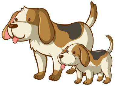 Beyaz arkaplanda anne ve yavru köpek karikatürü