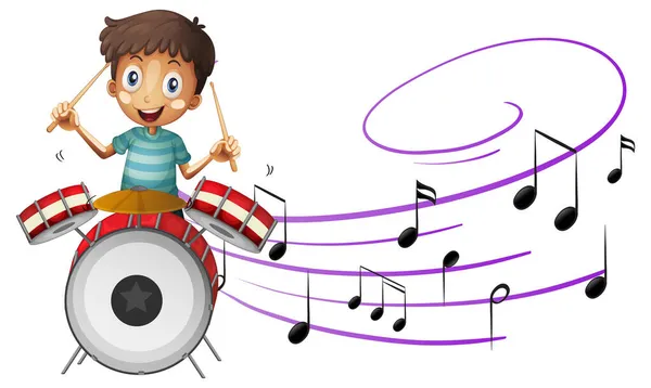 Zeichentrickfigur Eines Jungen Der Trommel Spielt Mit Melodiensymbolen Zur Illustration — Stockvektor