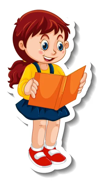 Modelo Etiqueta Com Uma Menina Lendo Livro Desenho Animado Personagem — Vetor de Stock