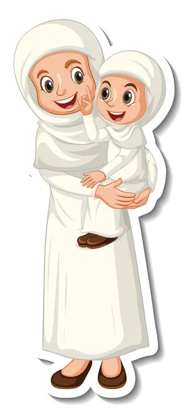 一个贴纸模板 上面有穆斯林的母亲和女儿的图片 — 图库矢量图片