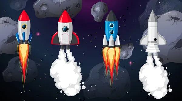 Different Rocket Ship Space Scene Illustration — Stock Vector