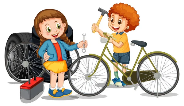 Kinder Reparieren Gemeinsam Fahrrad Auf Weißem Hintergrund Illustration — Stockvektor