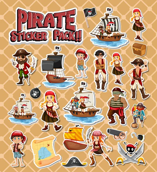 Pirate Αυτοκόλλητο Πακέτο Κινούμενα Σχέδια Χαρακτήρα Απομονωμένη Εικόνα — Διανυσματικό Αρχείο