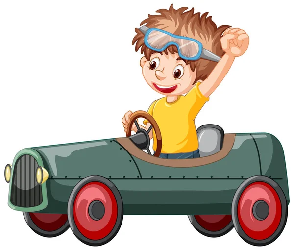 白い背景のイラストでミニ車のおもちゃを運転する男の子 — ストックベクタ
