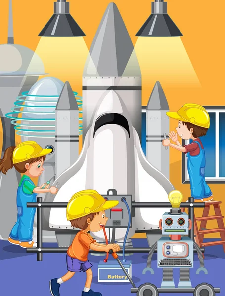 Szene Mit Kindern Die Gemeinsam Raumschiff Reparieren Illustration — Stockvektor