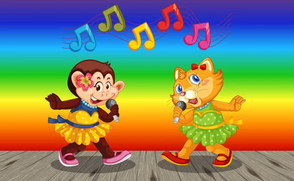 虹のグラデーションの背景イラストに猫漫画のキャラクターを持つ猿 — ストックベクタ