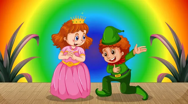 彩虹梯度背景图上的公主和小孩卡通人物 — 图库矢量图片
