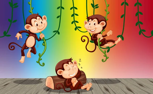 Monkeys Hanging Liana Rainbow Gradient Background Illustration — Stock Vector