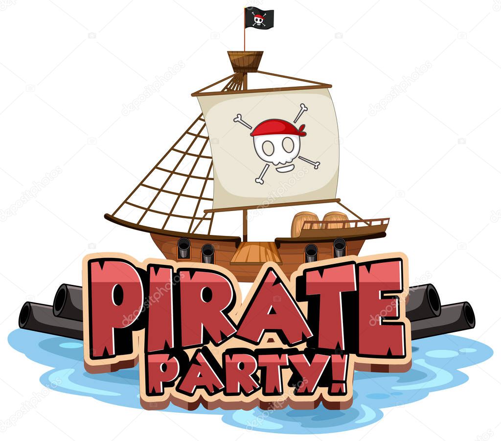 Pirate Party font banner with a pirate ship isolated illustration