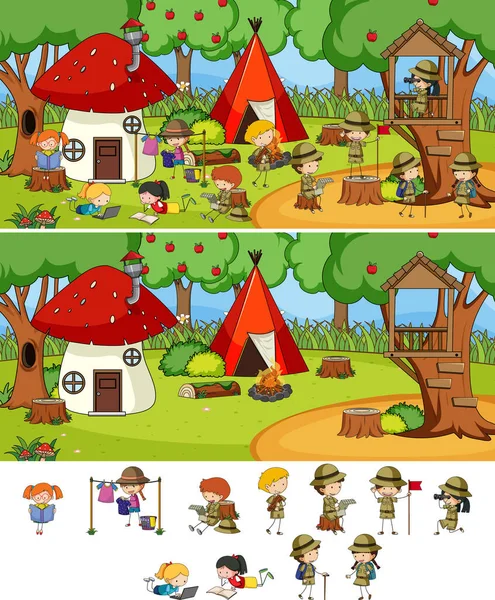 Camping Scen Med Många Barn Tecknad Karaktär Isolerad Illustration — Stock vektor