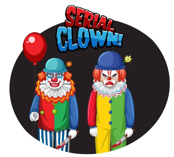 系列小丑徽章和两个毛骨悚然的小丑插图 — 图库矢量图片