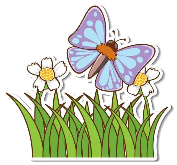 Cute Butterfly Flying Grass Field Sticker Illustration — Stock Vector