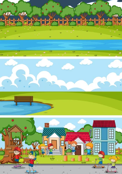 Set Van Verschillende Horizontale Scènes Achtergrond Met Doodle Kinderen Cartoon — Stockvector