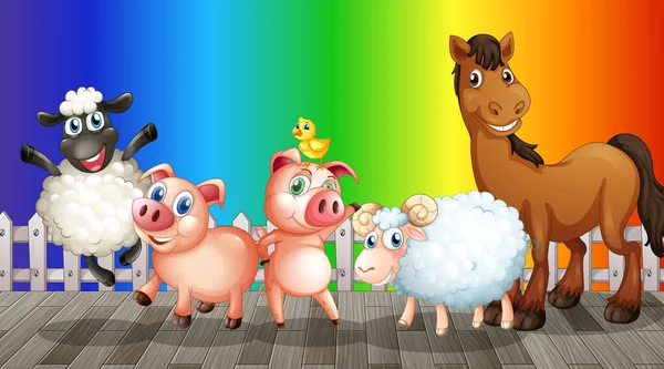 Boerderij Dieren Cartoon Karakter Regenboog Gradiënt Achtergrond Illustratie — Stockvector