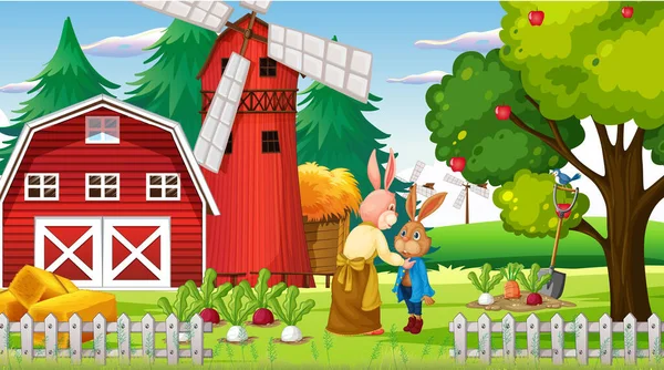 Farm Scene Daytime Rabbit Family Illustration — Stock Vector