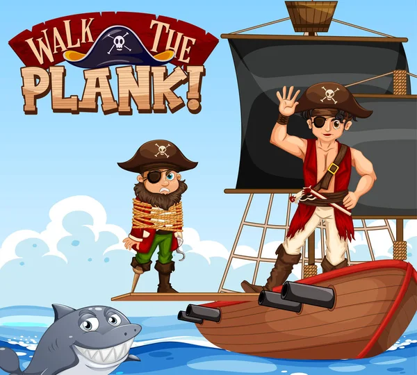 海賊船のイラストと海賊漫画のキャラクターと板フォントバナーを歩く — ストックベクタ