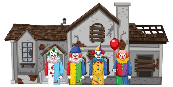 Clown Raccapriccianti Piedi Fronte Una Casa Abbandonata Illustrazione — Vettoriale Stock