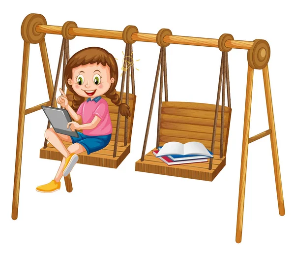 Κορίτσι Κλίνει Απευθείας Σύνδεση Δισκίο Στην Απεικόνιση Καρέκλα Ταλάντευση — Διανυσματικό Αρχείο