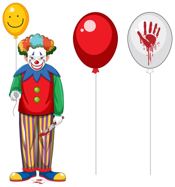 Straszny Clown Trzymając Balon Białym Tle Ilustracji — Wektor stockowy