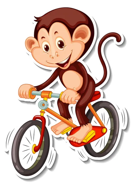 Singe Chevauche Vélo Dessin Animé Personnage Autocollant Illustration — Image vectorielle